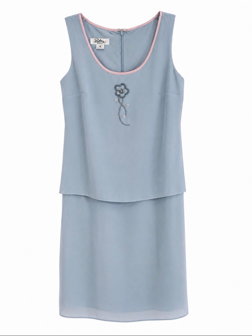 VTG Patra Powder Blue Beaded Floral Sleeveless Dress with Pink Neck Trim